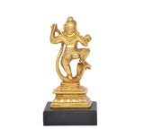 Dancing Bal Krishna brass statue, dynamic jumping stance, black pedestal base