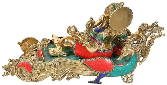 Brass Ganesha Relaxing On Peacock Recliner (Multicolour, 16.2 Inch Height x 32.2 Inch Width x 13.7 Inch Depth)