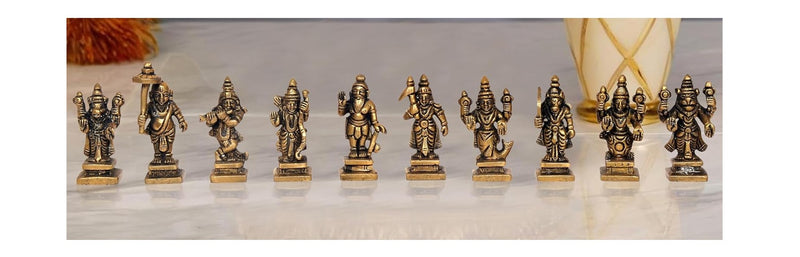 Brass Vishnu Dashavatara Ten Avatars of Vishnu for Home Temple Office Mandir, (Height: 3 Inch)