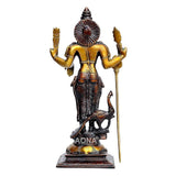 Back view brass Kumara Karttikeya statue, brown finish, dual tridents and spear base
