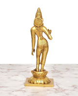 Brass Devi Uma Parvati statue, back view with circular ornament and draped details