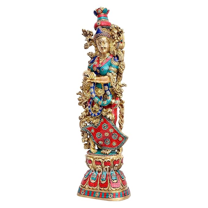 Brass Radha Rani idol, multicolour painted dress and crown, front view
