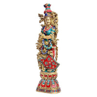 Brass Radha Rani idol, multicolour painted dress and crown, front view
