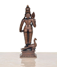 Copper Kartikeya Murugan statue base with peacock figure, 6 inch