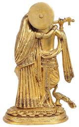 Brass Radha Krishna flute idol, side view with detailed patterned drapes and disc halo