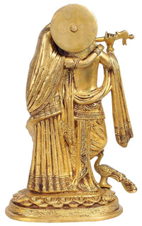 Brass Radha Krishna flute idol, side view with detailed patterned drapes and disc halo
