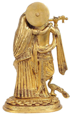 Brass Radha Krishna flute idol, side view with detailed patterned drapes and disc halo