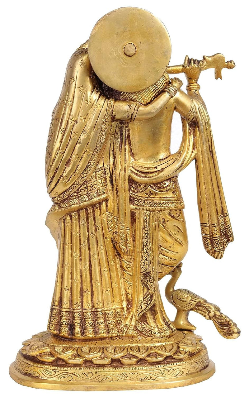 Brass Radha Krishna Idol Radha Krishna Playing with Flutes Height 10.5 Inch