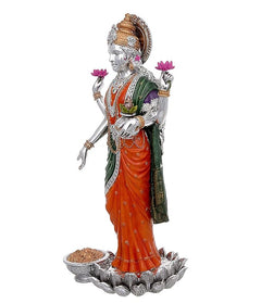 Side profile Lakshmi deity statue, silver-plated resin with orange and green sari
