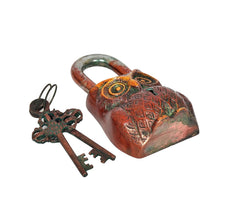 Owl padlock with multicolor etched pattern and brass shackle, keys included