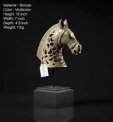 Vintage Indonesian bronze horse head sculpture on base with pierced mane cutwork, 13 in