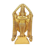 Brass Tirupati Balaji idol with arms overhead, detailed robe and crown on pedestal base