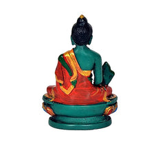 Rückansicht der Medizinbuddha-Statue aus Resin, türkisgrüner Körper, rotes Gewand, 11 cm