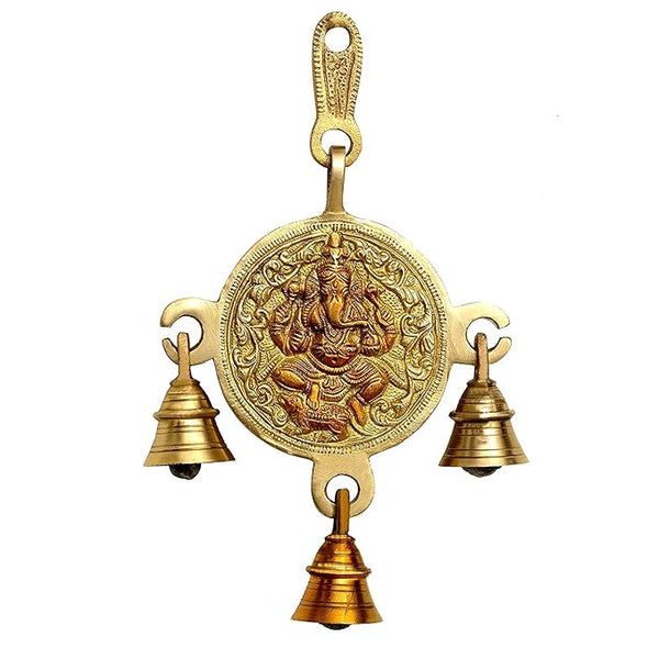 Brass Ganesha Wall Hanging with Bells Wall Decor Wall Hanging Height 8 Inch Entryway Setting