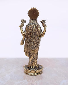 Lakshmi Laxmi brass standing idol, back view with textured draped design, 7-inch