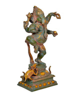 Dancing Ganesha brass statue left profile, curved trunk and raised arms