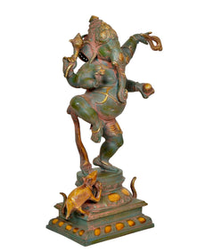 Dancing Ganesha brass statue left profile, curved trunk and raised arms