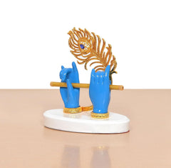Resin Blue Krishna Ji flute hands figurine, gold peacock design, white circular base