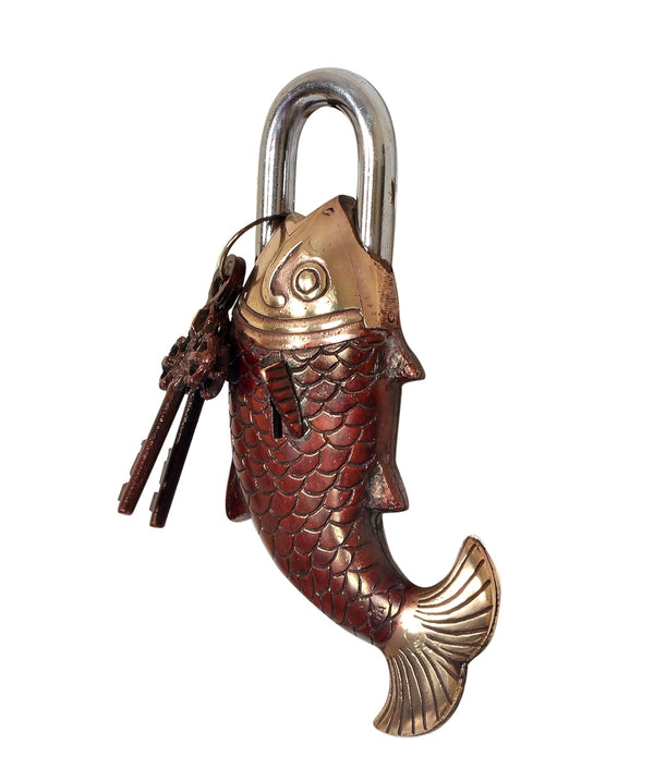 Brass Fish Lock - Antique Style Decorative Padlock with Key Showpiece for Home and Decor (Height 7 Inch) Study Setting