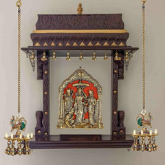 Hanging brass peacock diya with multi bells, decorative enamel, suspended by chain (pair)