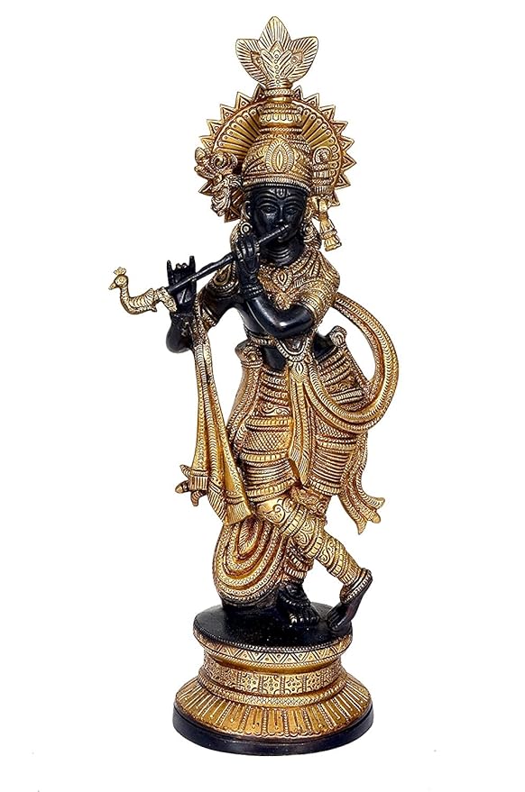 Brass Lord Krishna Idol Figurine Krishna Sculpture Decorative Showpiece Home Office Temple Gift Item Multicolour Height 16 Inches Entryway Setting