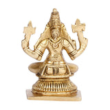 Brass tone deity idol statue, front view of seated figure with decorative belt and crown