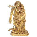 Brass Radha Krishna flute idol, seated figures with detailed engravings, 10.5 in