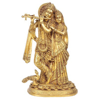 Brass Radha Krishna flute idol, seated figures with detailed engravings, 10.5 in