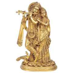 Brass Radha Krishna flute idol, seated figures with detailed engravings, 10.5 in