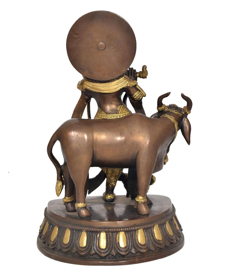 Brass Lord Krishna with Cow Idol Figurine Sculpture Playing Flute Statue Decorative Showpiece, (Height 10 Inch)