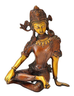 Brass Lord Indra idol (9.5 in): seated figure with golden face, hands resting