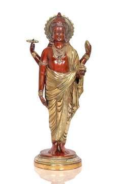 Dhanvantri brass statue front view, red face and gold draped garment, round pedestal base