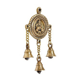 Brass Lakshmi hanging ornament with round centerpiece and three bell charms