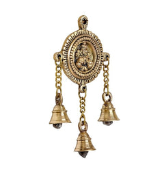 Brass Lakshmi hanging ornament with round centerpiece and three bell charms