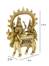Brass Shiva Parvati idol on Nandi, 7.5 in height, detailed halo frame
