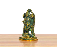 Tirupati Bala Ji idol brass statue, side view; arched arms and decorated robe details