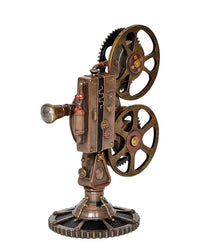 Resin steampunk projector statue side view with binocular-style lenses and gear wheels