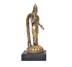 Gold-toned deity idol statue turned slightly, patterned jewelry and folded drapery, 5 inch