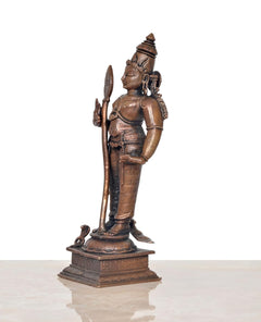 Copper Kartikeya Murugan statue side view, holding spear and staff, 6 inch