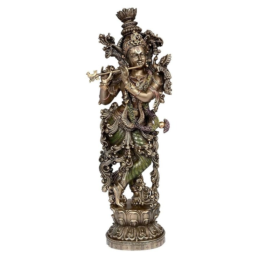 Krishna resin idol with flute, ornate green-and-gold detailing, full standing figure