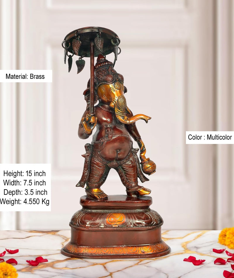 Brass Ganesha Holding Parasol in One Hand Sculpture (Height: 15 Inch)