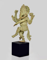 Bronze dancing Ganesha figurine with arms raised, on dark cube base