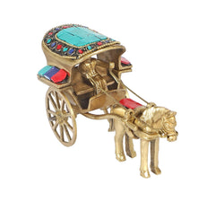 Brass horse cart ornament, left side view, turquoise roof and colorful seat accents