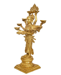 Brass Standing Ten-Armed Deepalakshmi Statue | Traditional Multi-Lamp Goddess Idol for Puja, Home Temple, Diwali Gifts & Home Décor (Height: 28 Inches)