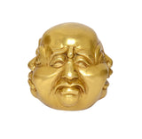 Golden brass smiling Buddha head, three-quarter view