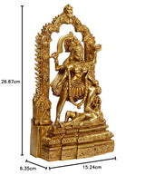 Goldfarbene Kali-Idol-Statue im Profil, prunkvoller Rückenbogen, kniende Figur