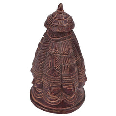 Eight-faced Shiva head brass statue, carved tiers and facial features, dark reddish-brown