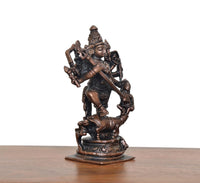 Copper Mahishasura Mardini deity statue, 5-inch, side view with raised weapon arm