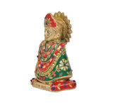 Brass Khatu Shyam idol (6 inch) side angle, green robe with floral motifs and blue accents