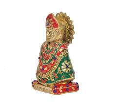 Brass Khatu Shyam idol (6 inch) side angle, green robe with floral motifs and blue accents